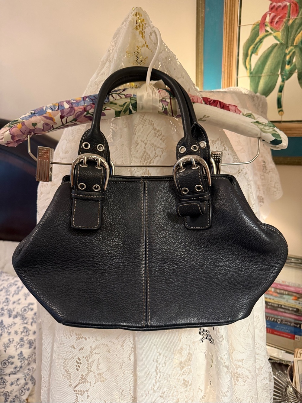 Tignanello Black Pebbled 100% Leather Buckle-Accent Mini Satchel